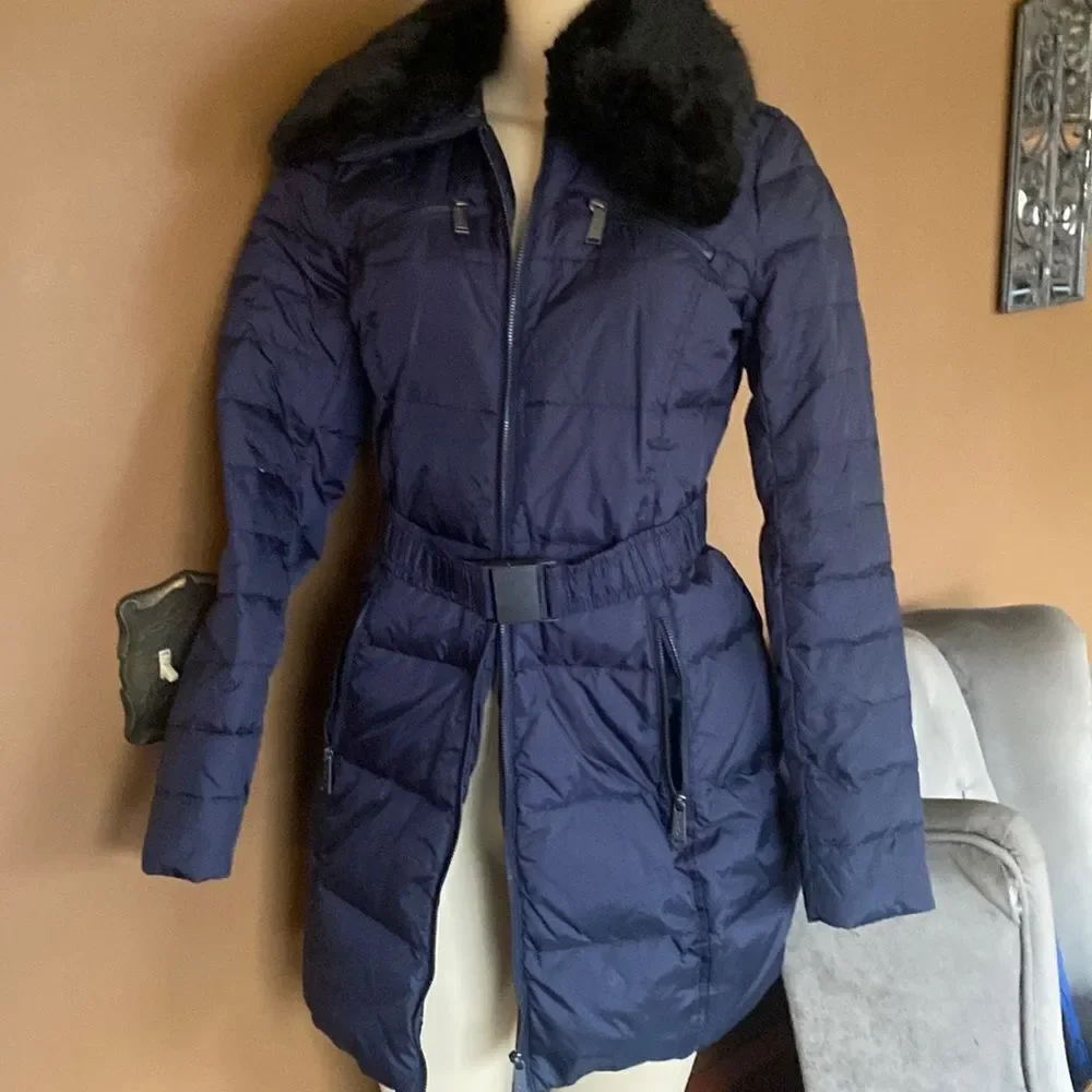 $250 DKNY Puffer Coat Black Fur Trim NAVY XS